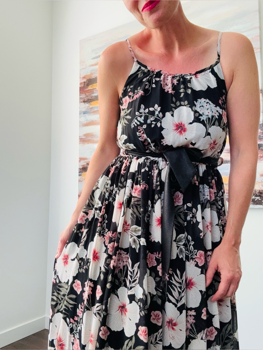 Black Floral Maxi Dress Tie Waist Strappy Summer Dress Size Small